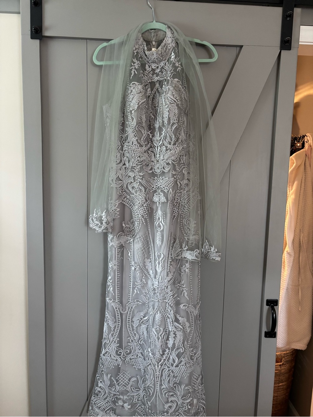Embroidered Lace Formal Dress in Light Gray with Sheer Mint Veil